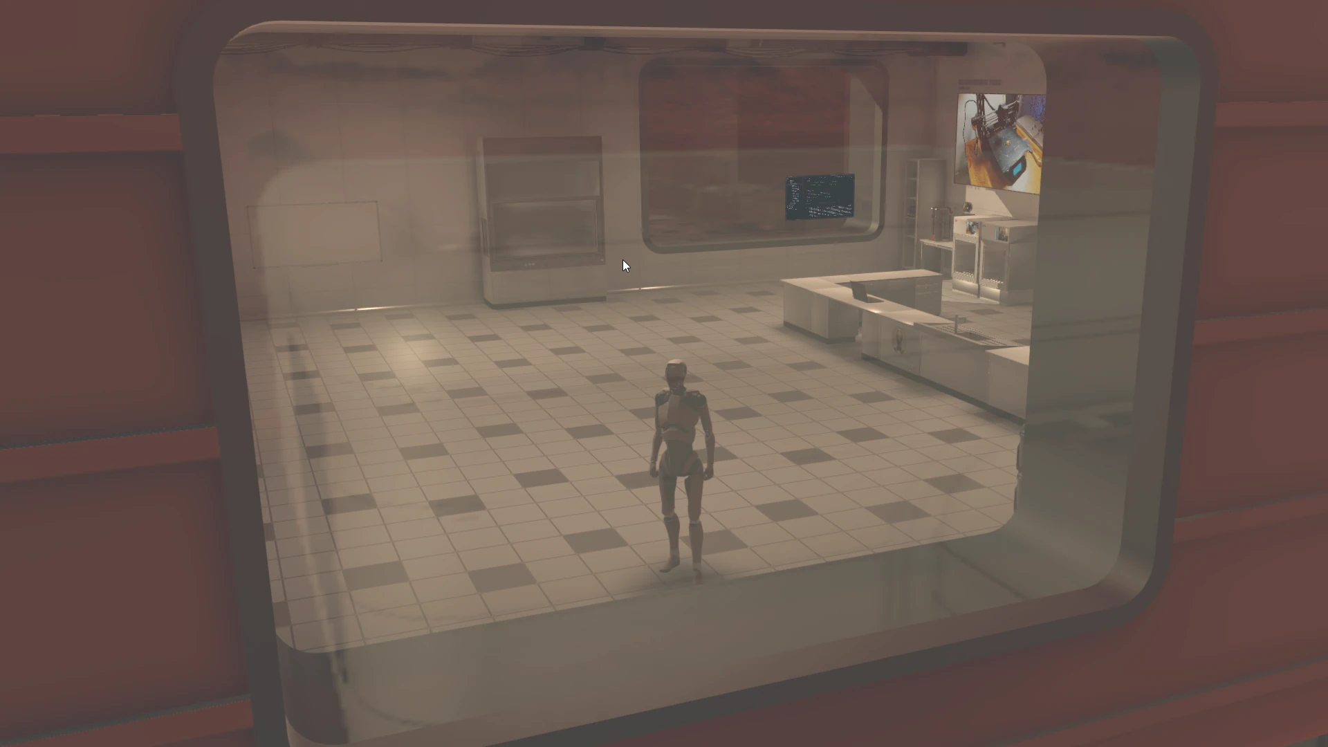 Facility view framed like a window, suggesting passive observation.