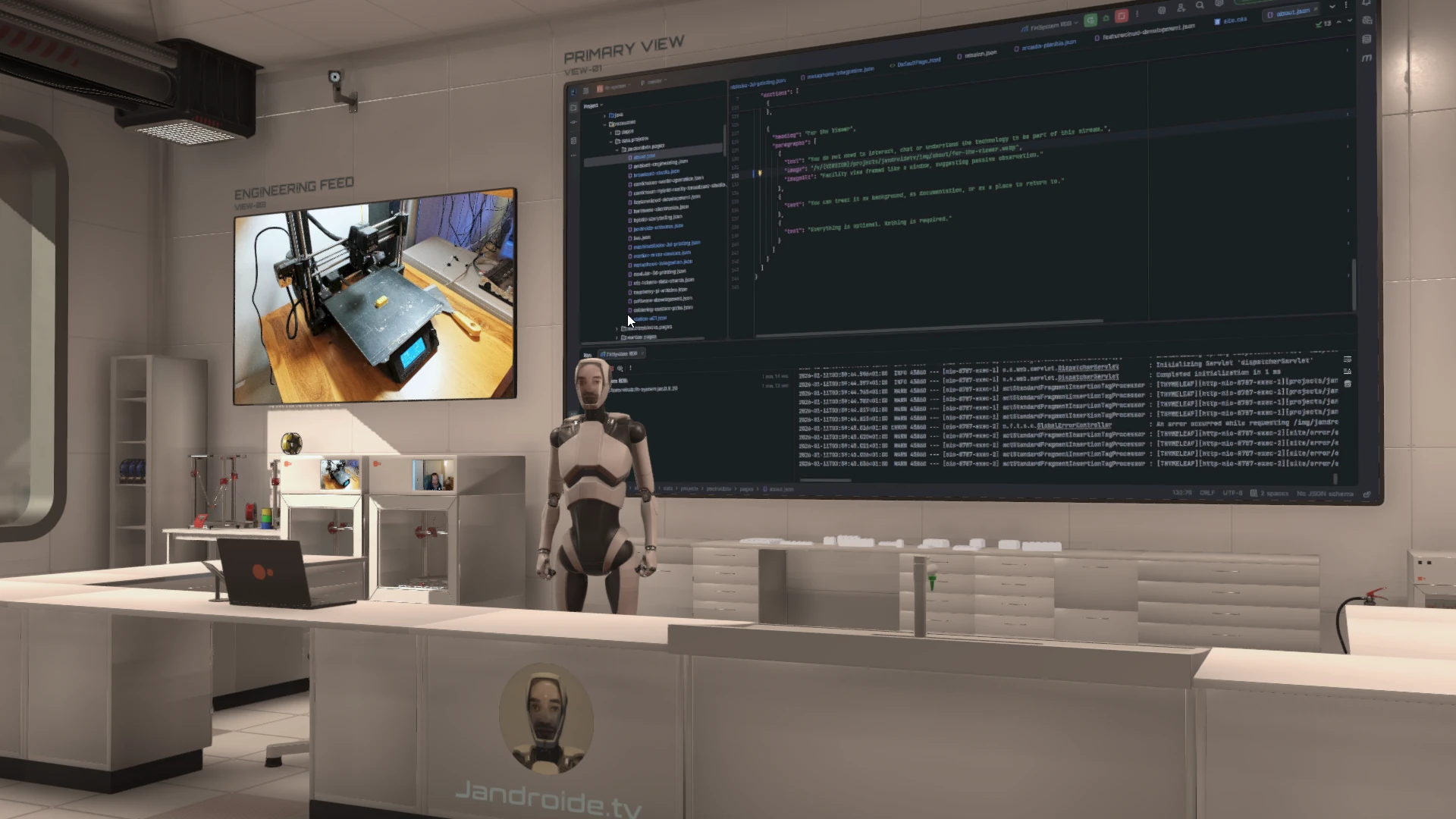 Split view showing real development work on one side and the virtual Mars facility on the other.