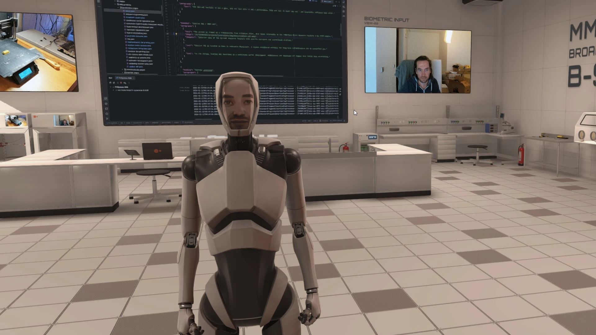 Android character visible inside the facility, positioned at a workstation.