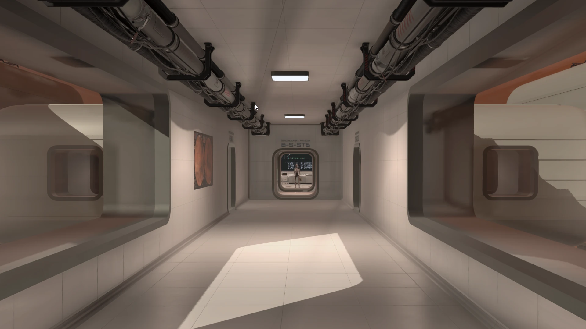 Interior view of the virtual research facility with sterile corridors and operational displays.