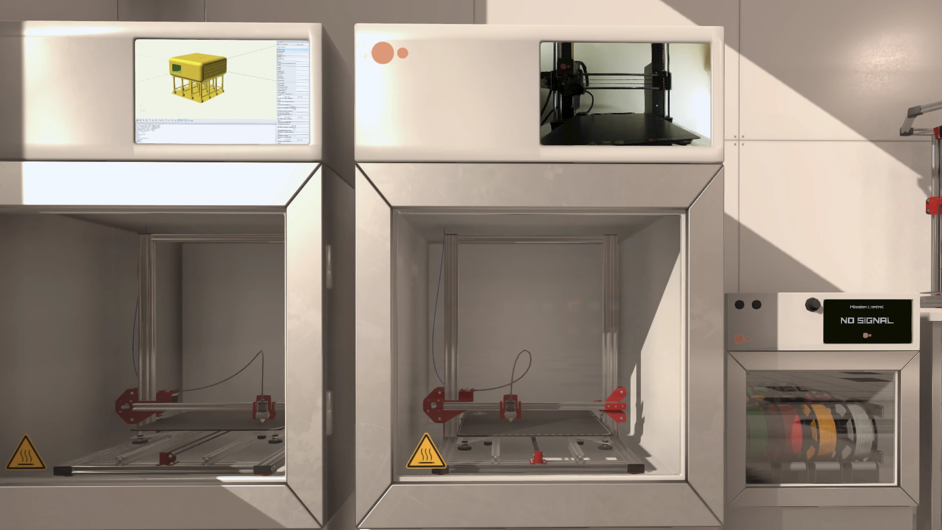 3D printer operating alongside CAD systems inside Station A01.