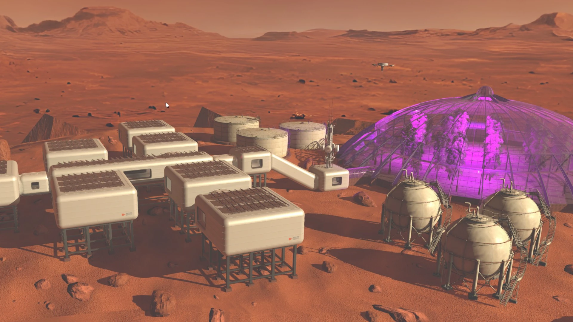 Calm, wide camera view of the simulated facility suitable for passive viewing, conveying a relaxed and non-demanding atmosphere.