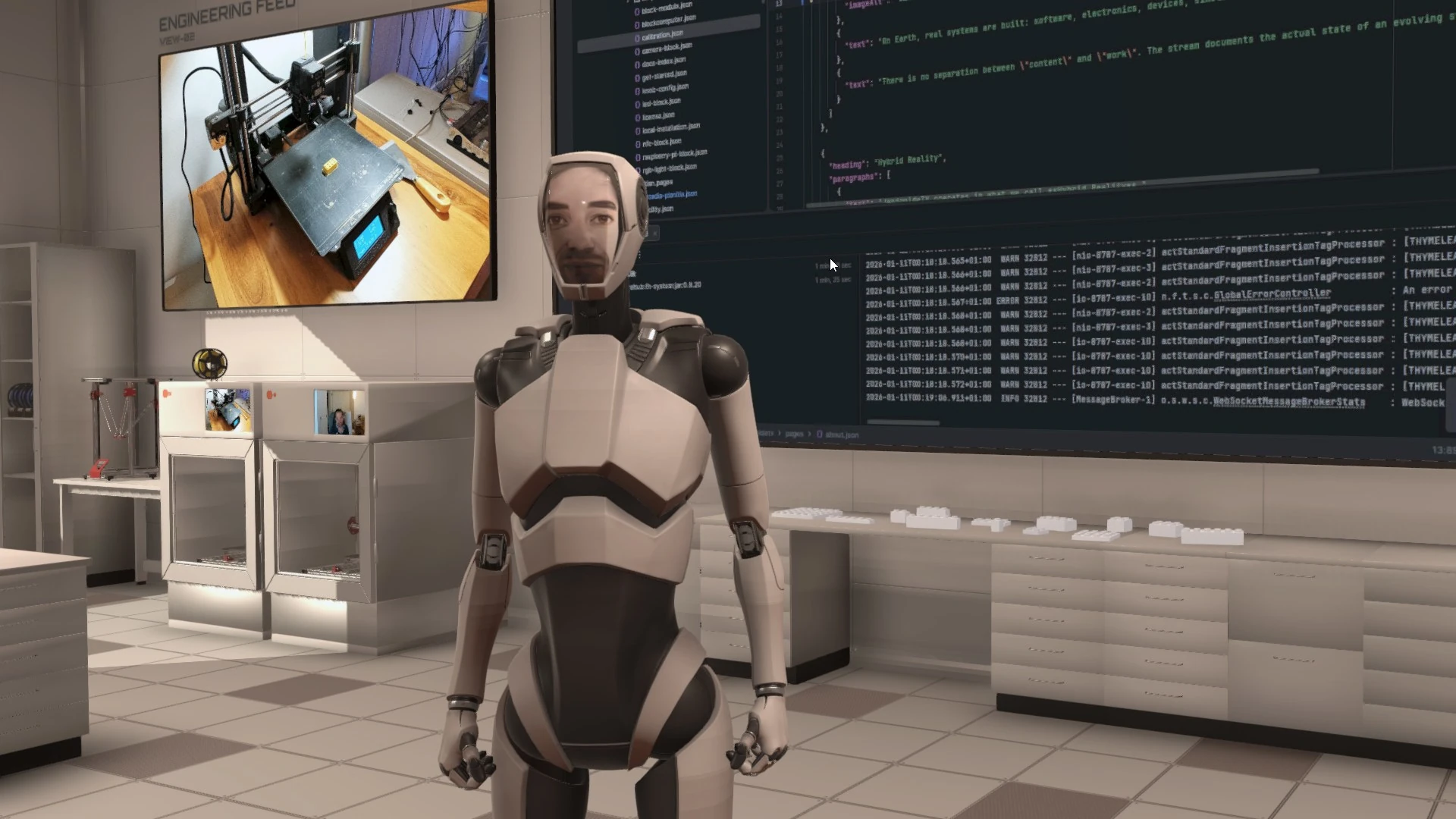 View of Jandroide positioned inside the broadcast studio, acting as a visual and informational interface rather than a character.