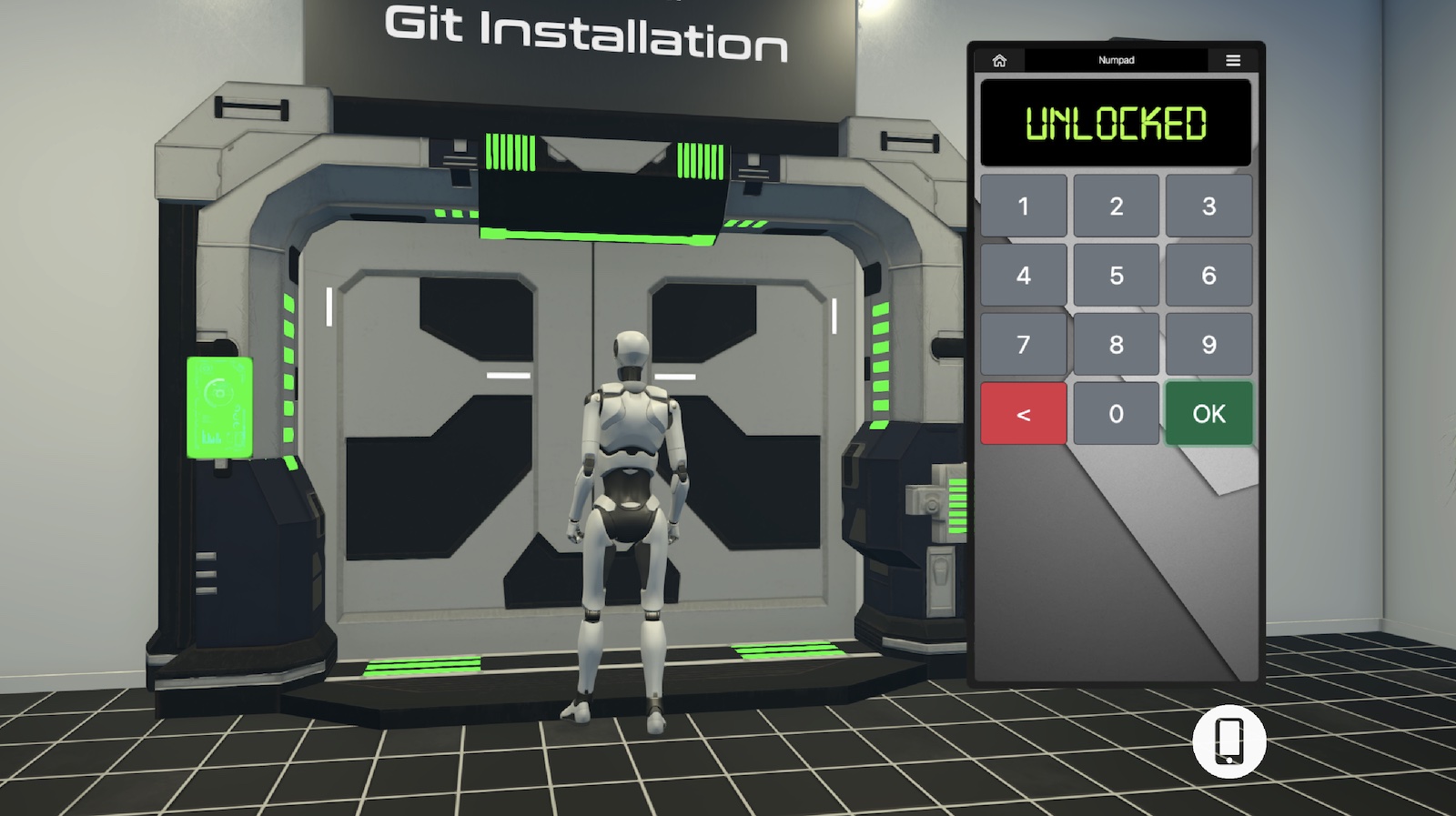Screenshot sequence showing a real button press affecting a virtual light inside the simulation, and a virtual control changing the state of a real light visible in the live camera feed.
