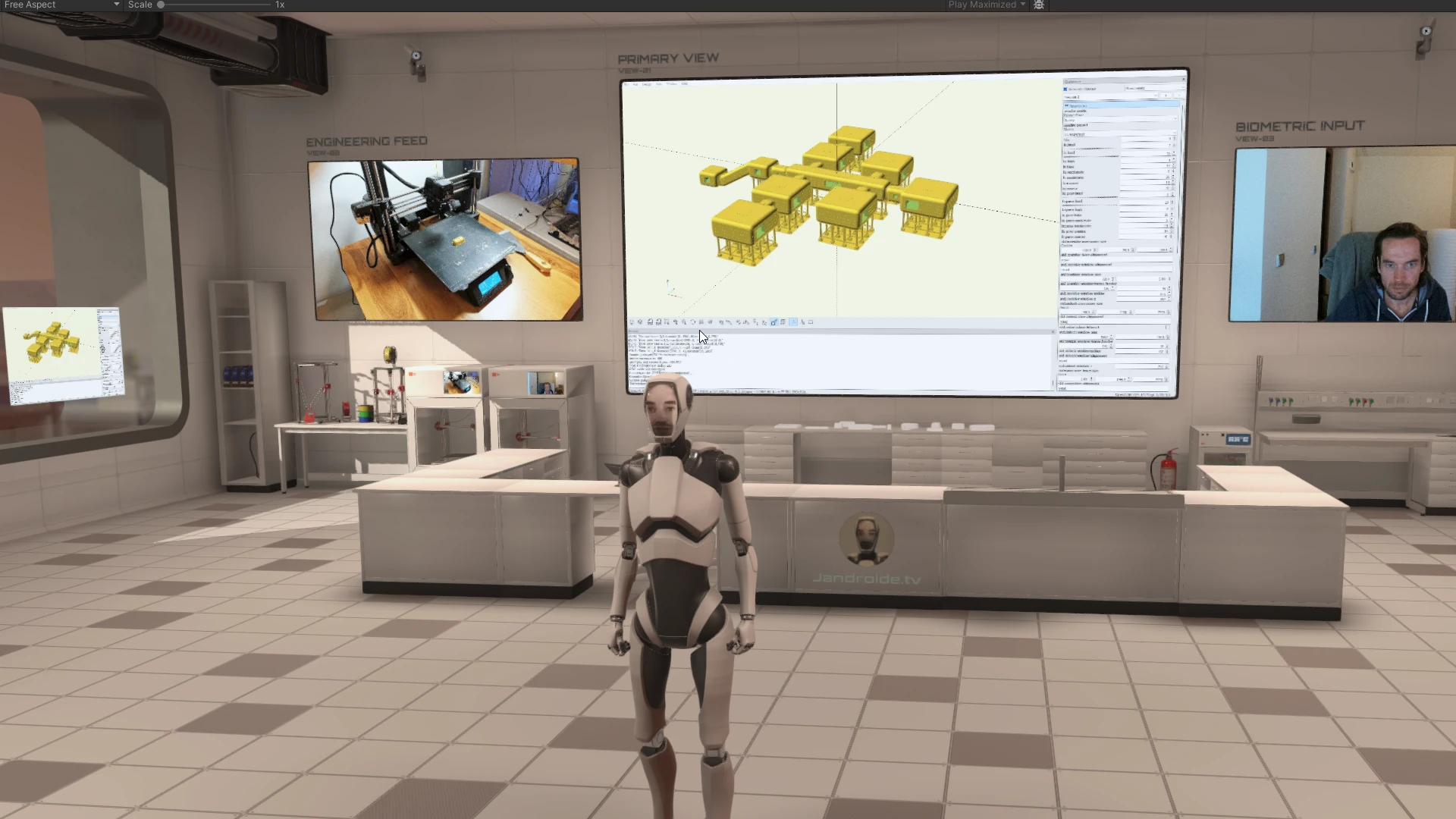 Split view showing a real workspace with hardware and screens on one side, and the Unity-rendered Mars facility on the other, representing two synchronized views of the same system.
